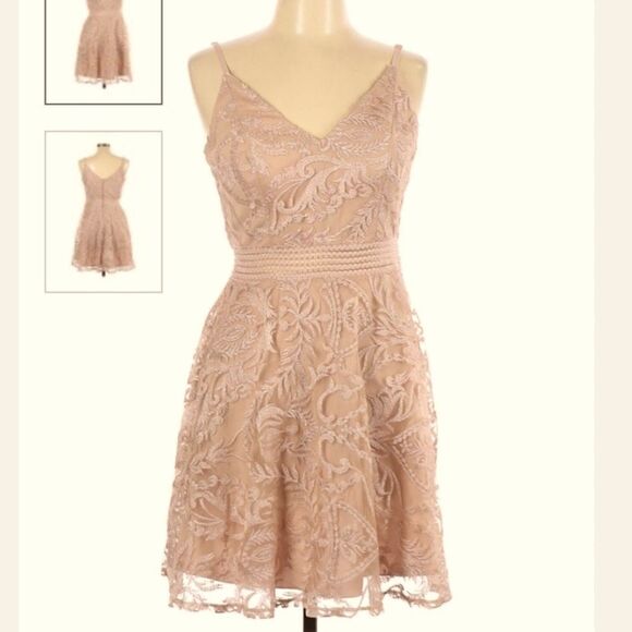 Xtraordinary blush pink beige tan embroidered lace skater Formal Dance - 5 - Picture 2 of 15